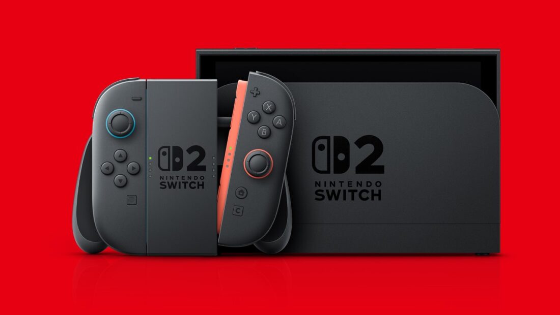 Nintendo Switch 2 console, dock and Joy-Con controllers on a red background
