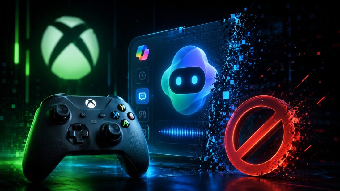 Xbox Copilot for Gaming AI assistant concept with controller and gaming setup