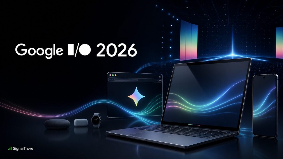 Google I/O 2026 preview hero showing a laptop, phone and Gemini-style light trails around a keynote stage.