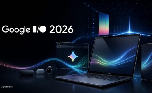 Google I/O 2026 preview hero showing a laptop, phone and Gemini-style light trails around a keynote stage.