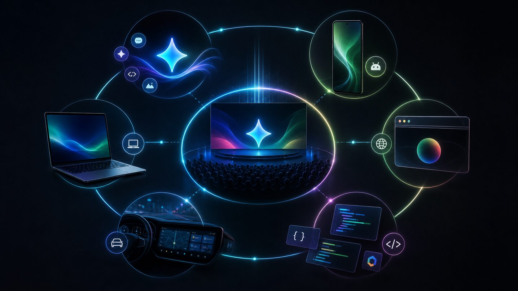 Google I/O 2026 watchlist visual showing Gemini, Android, Chrome, Googlebook, cars and developer tools connected around a keynote stage