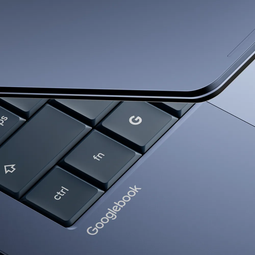Google I/O 2026 Googlebook keyboard close-up showing a dedicated Google key and laptop deck