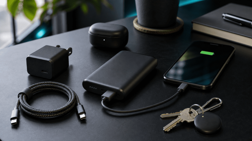 Power bank charging a smartphone beside USB-C charger earbuds and tracker
