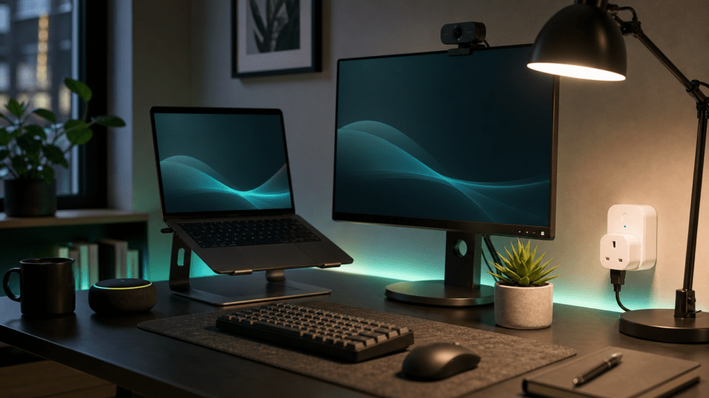 Home office desk with laptop stand webcam and smart plug
