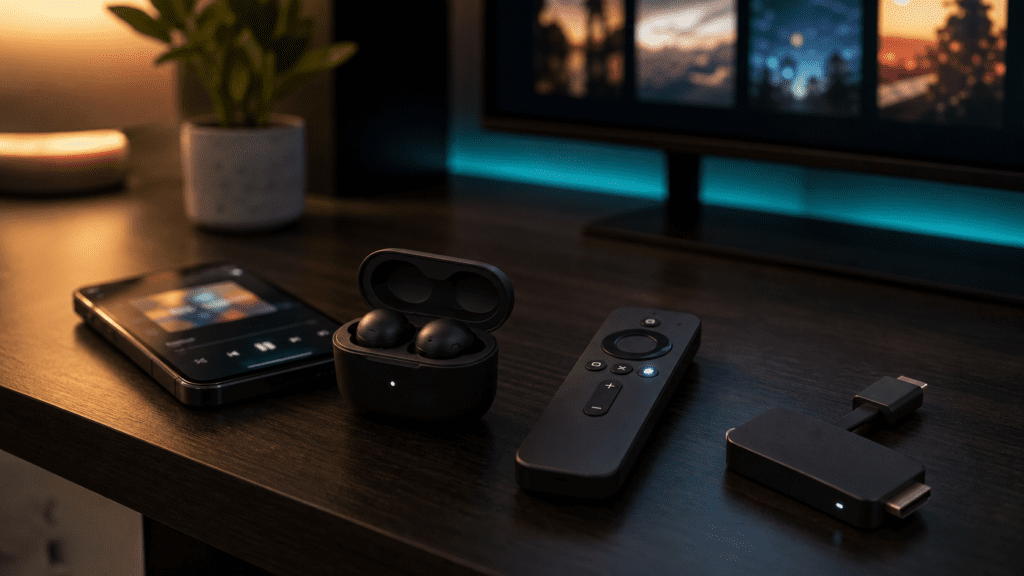Wireless earbuds streaming remote and streaming stick on a media table