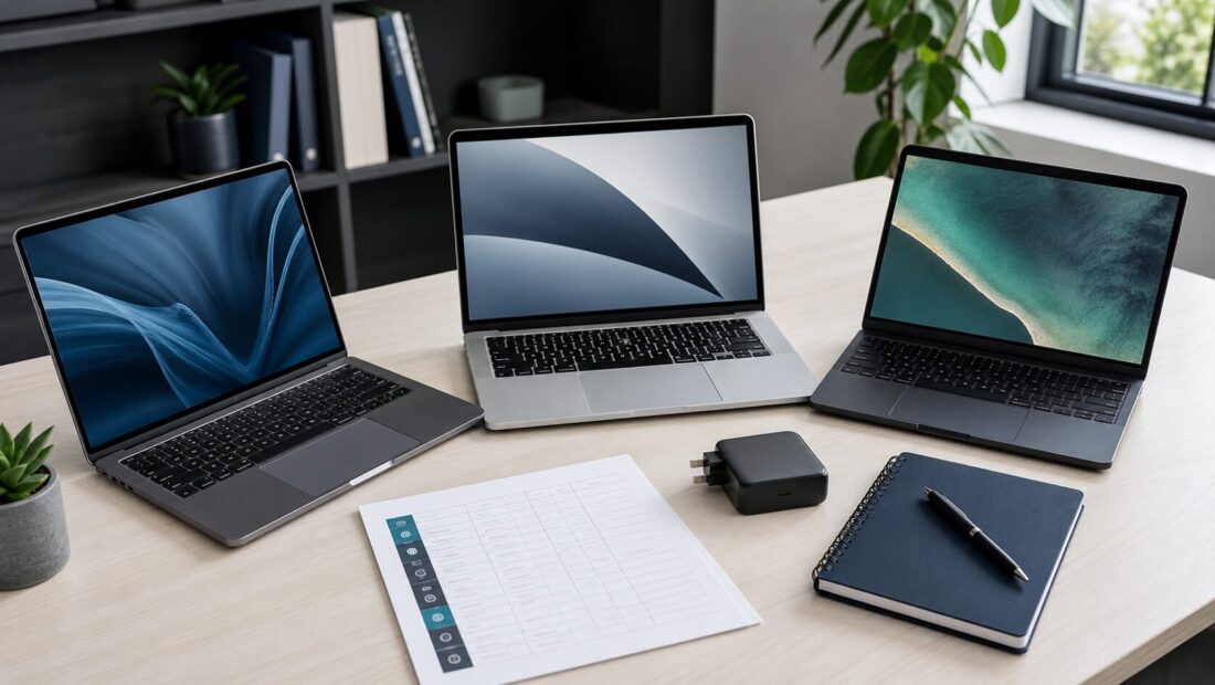 Several modern laptops and accessories on a desk for a laptop buying guide
