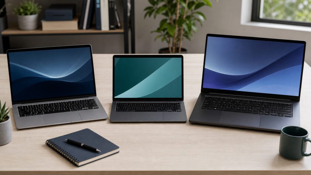 Three different laptop types arranged on a desk for comparison