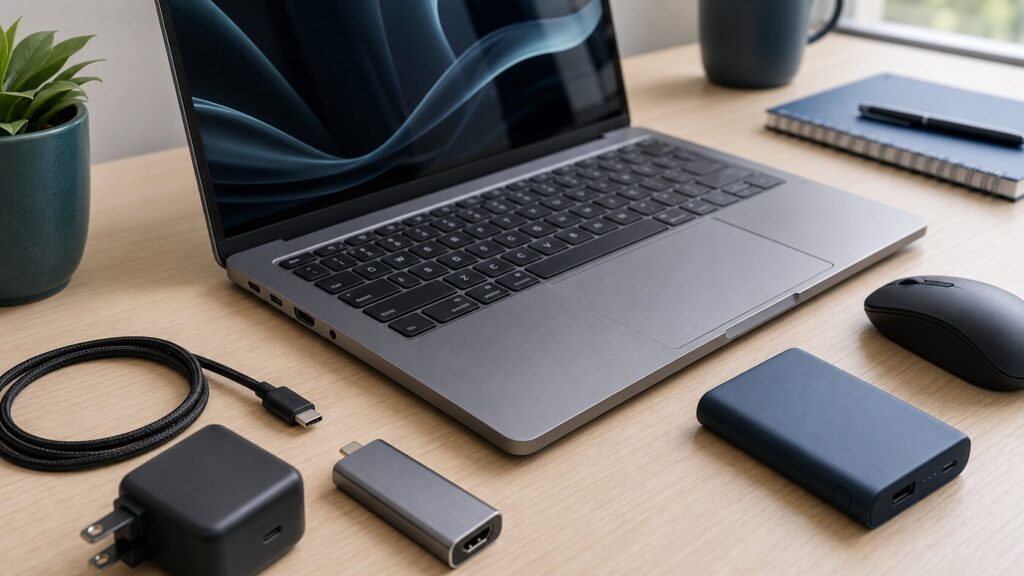 Laptop with USB-C cable, charger, adapter, and power bank on a desk