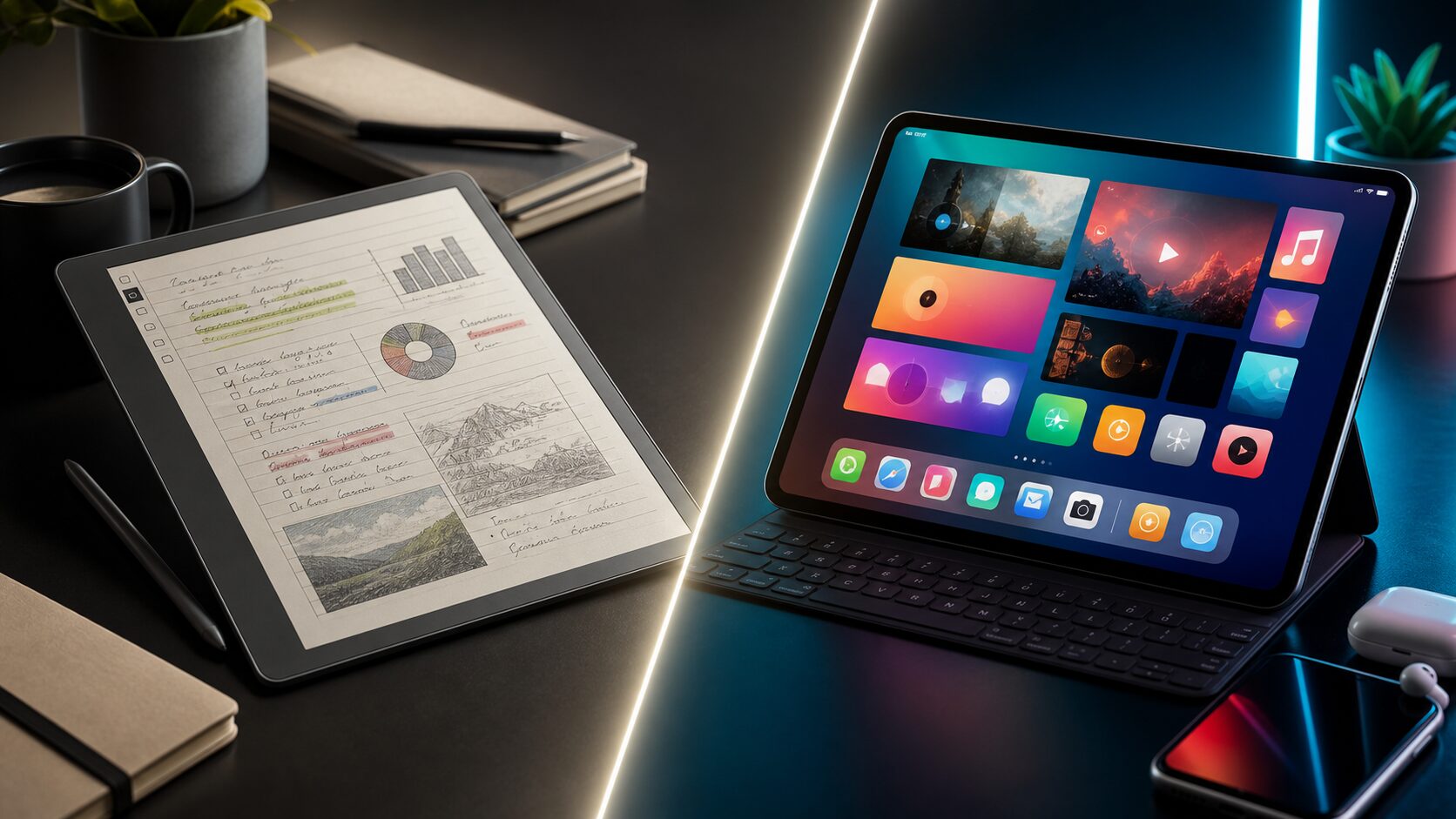 Kindle Scribe Colorsoft UK style e-ink notebook compared with a colourful tablet screen