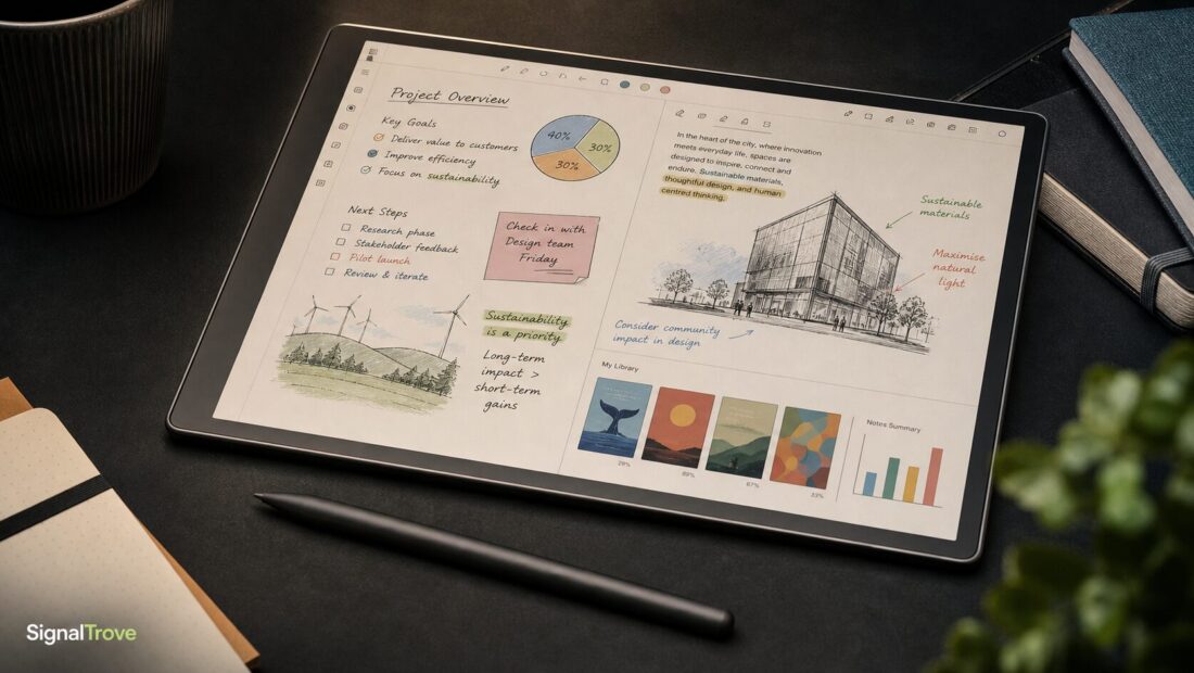 Kindle Scribe Colorsoft UK style colour e-ink writing tablet with stylus, highlights and document markup on a desk.