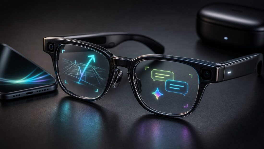 Smart glasses 2026 hero showing unbranded AI glasses with navigation, translation and assistant overlays.