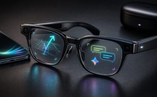 Smart glasses 2026 hero showing unbranded AI glasses with navigation, translation and assistant overlays.