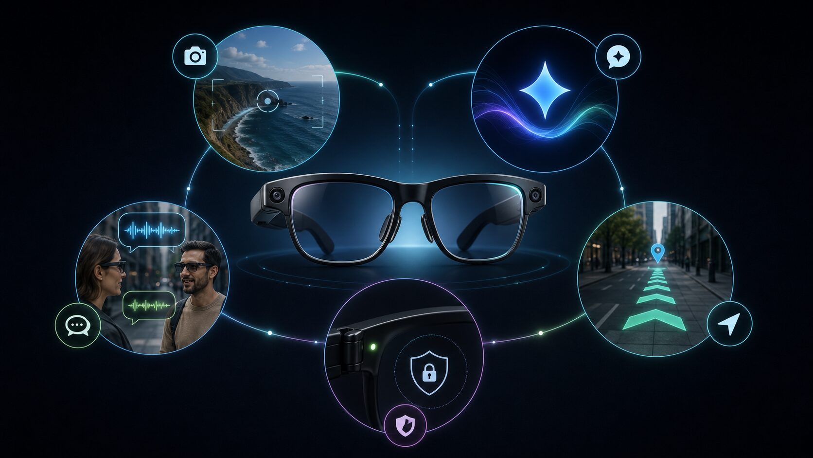 Smart glasses 2026 visual map showing AI assistant, camera, translation, navigation and privacy use cases