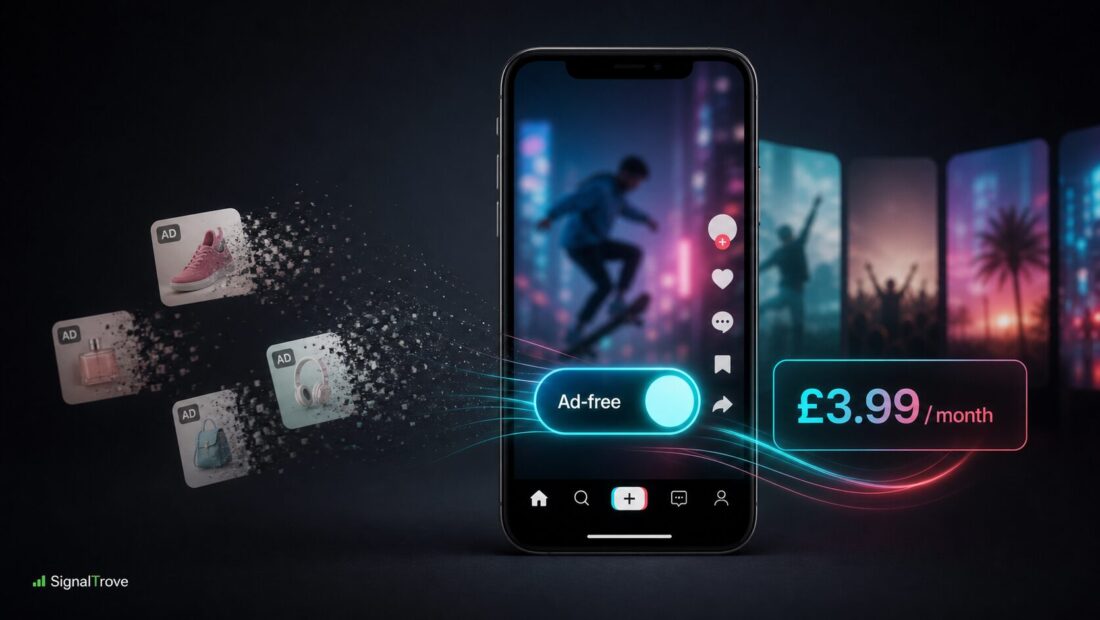 TikTok Ad-Free UK style smartphone hero showing ad tiles fading away and a ?3.99/month subscription prompt.